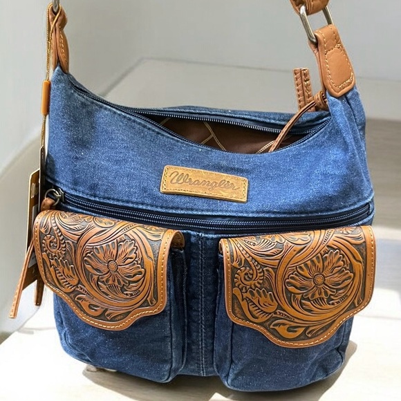 Wrangler Handbags - Wrangler Floral Tooled Denim Crossbody - Navy *NEW in Package*